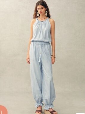 Sleeveless Light Blue Eyelet Jumpsuit with Tassel Drawcord